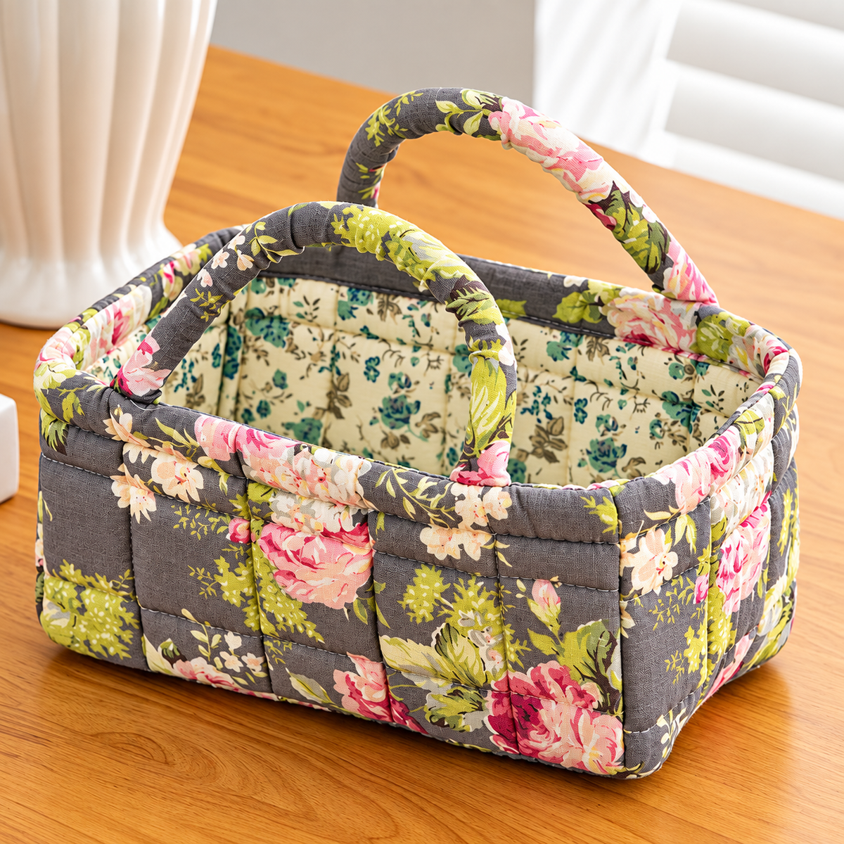 PETALMERE | VINTAGE GREY FLORAL QUILTED STORAGE BASKET