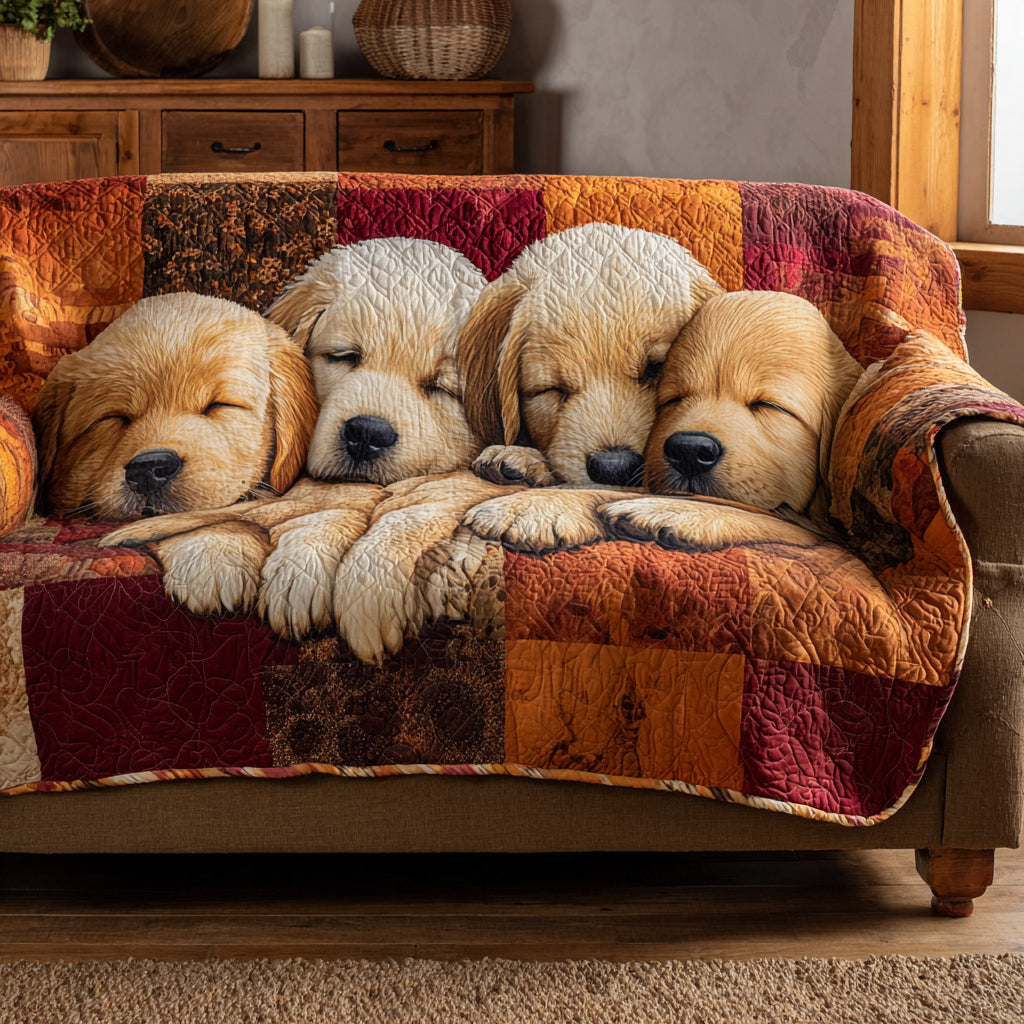 Sleeping Golden Puppies Quilted Sofa Cover