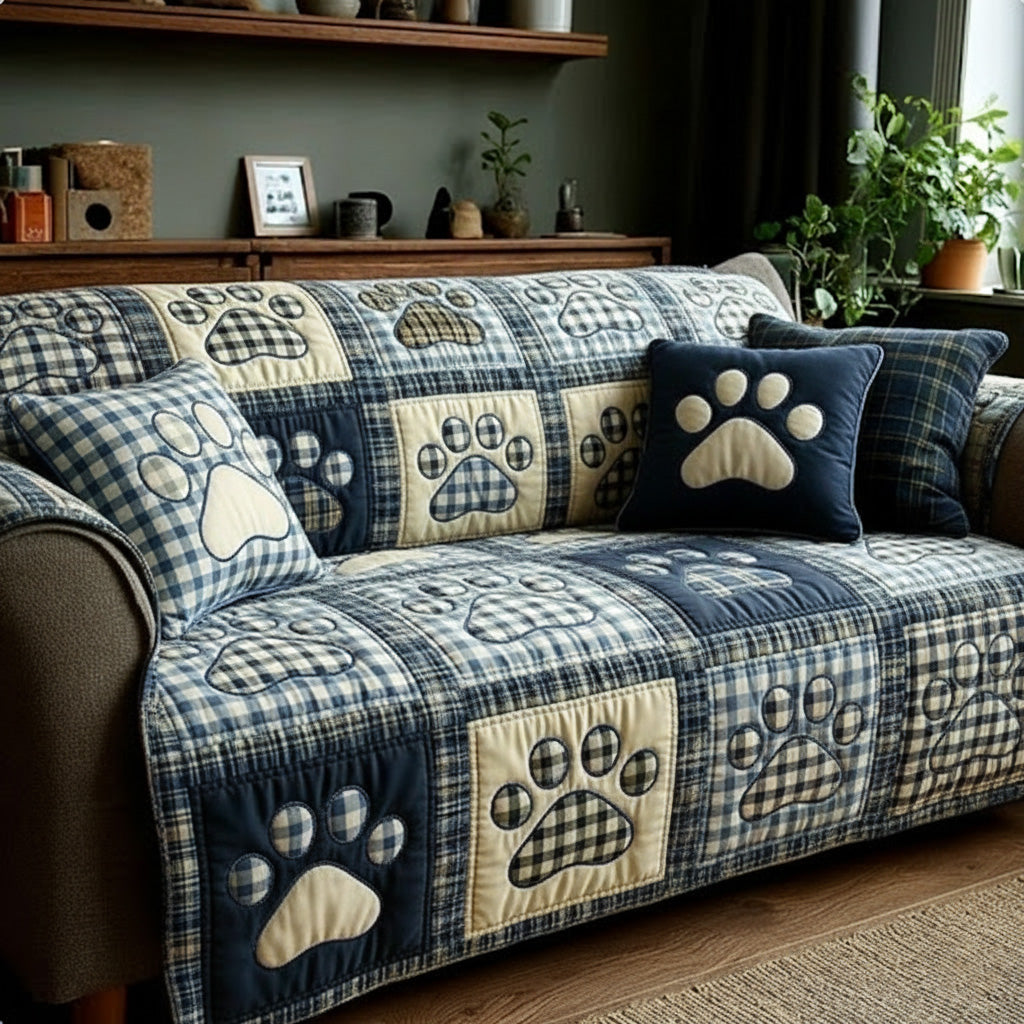 Blue Plaid Paws Quilted Sofa Cover