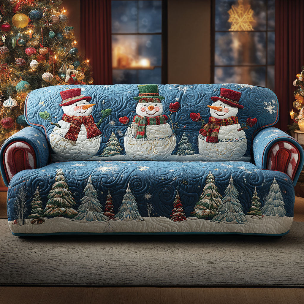 Winter Snowmen in Blue Quilted Sofa Cover