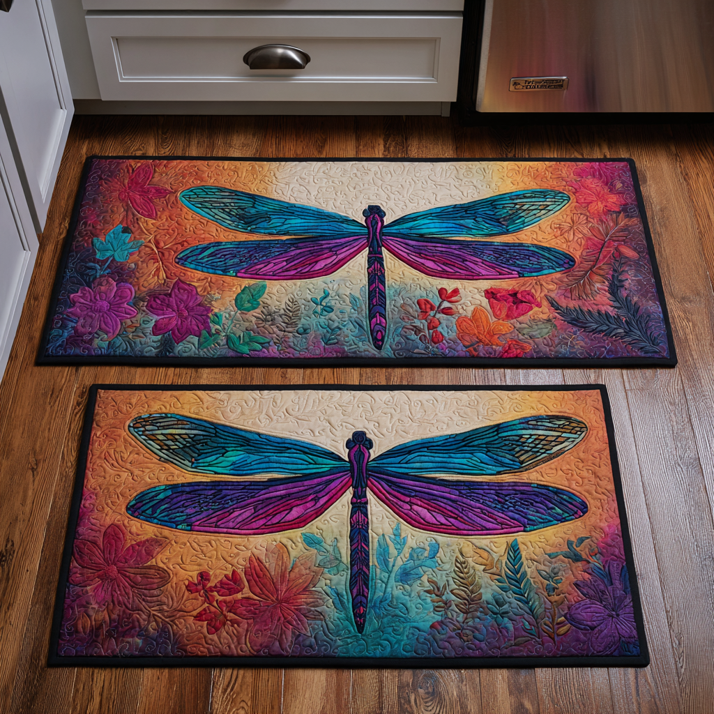 Golden Dragonfly Quilted Kitchen Mat Set