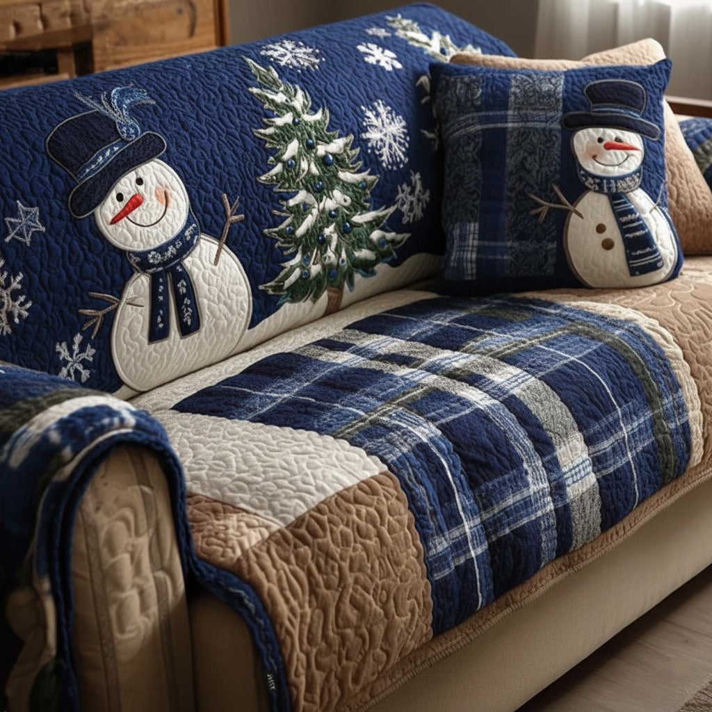 Festive Blue Snowmen Quilted Sofa Cover