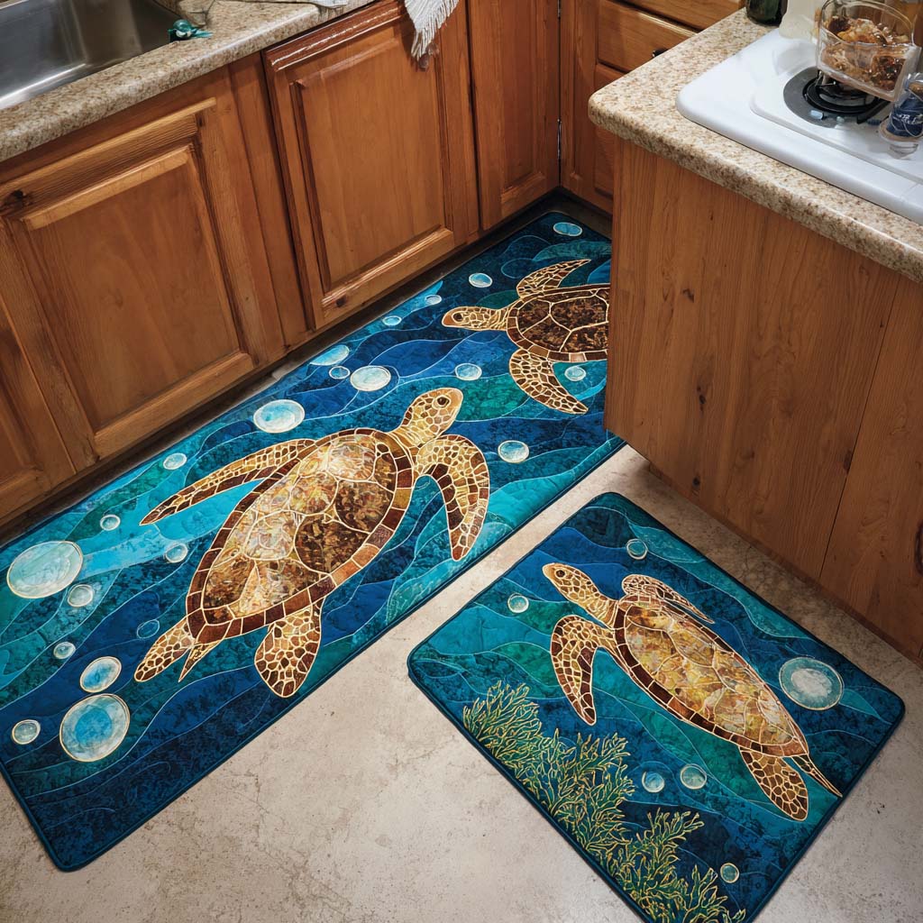 Coral Reef with Bubbles Quilted Kitchen Mat Set