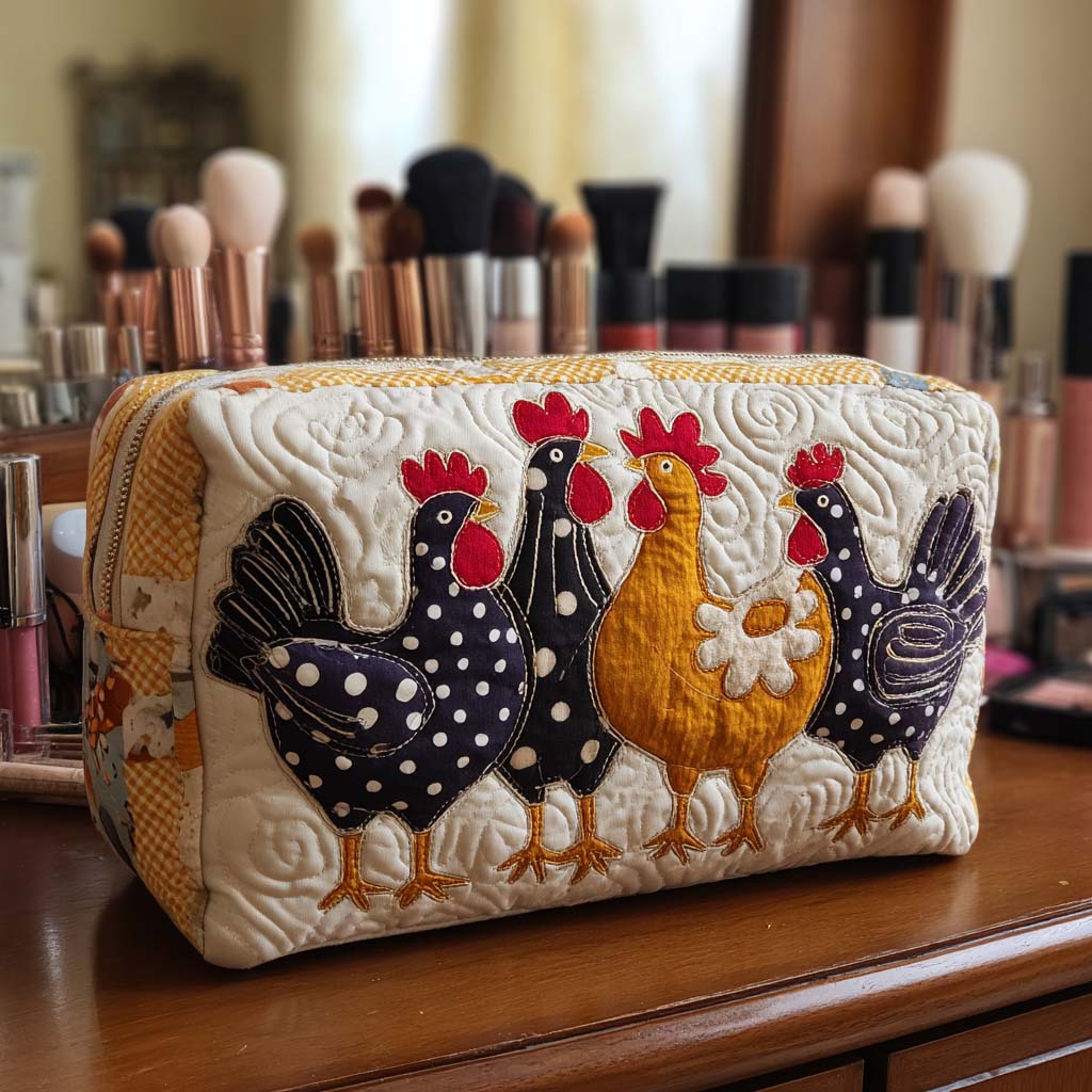 Cheerful Spotted Chickens Quilted Toiletry Bag
