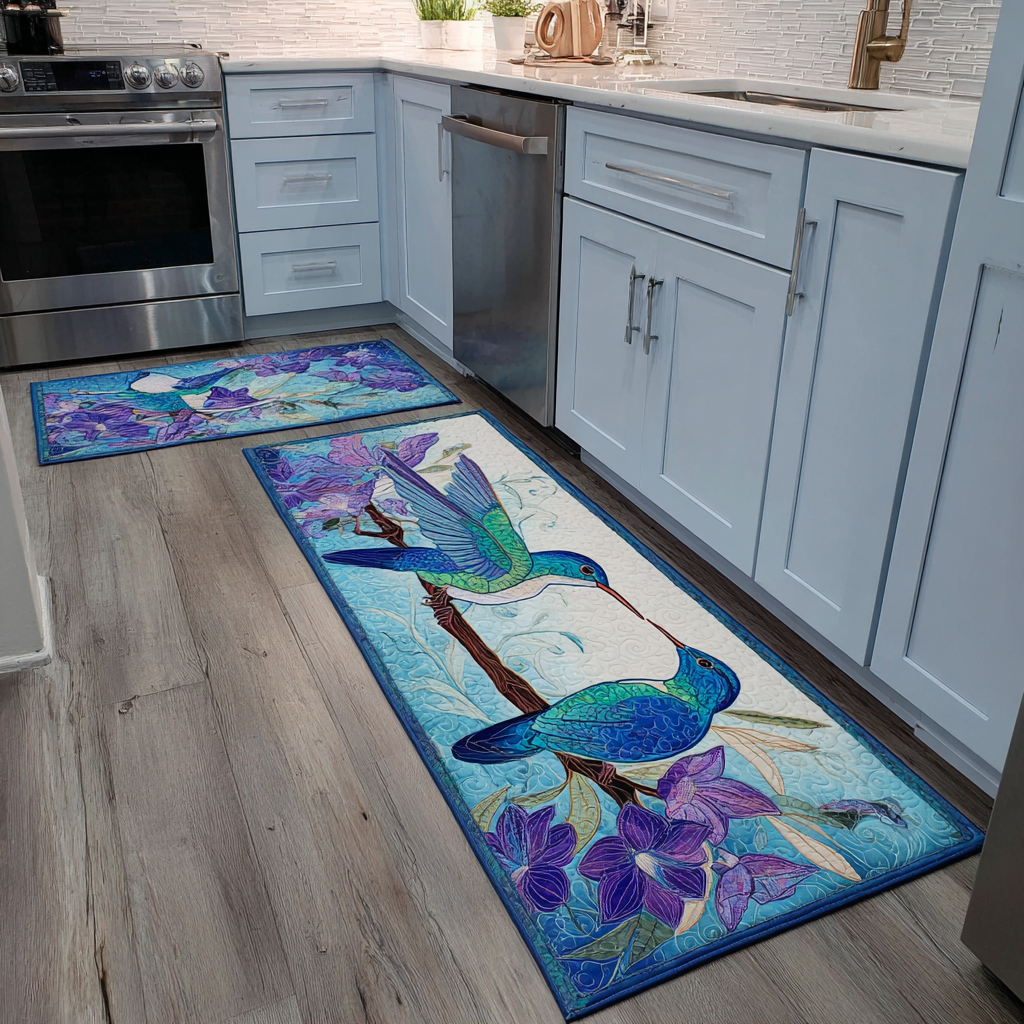 Blue Hummingbird Garden Quilted Kitchen Mat Set