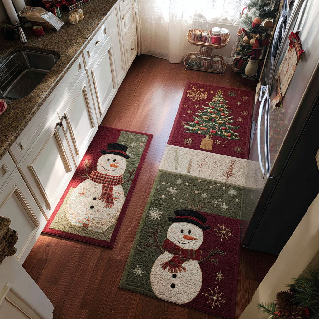 Classic Winter Snowman Panels Quilted Kitchen Mat Set