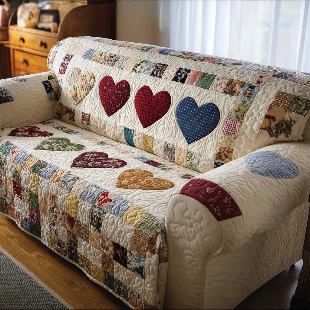 Patchwork Hearts on Cream Quilted Sofa Cover