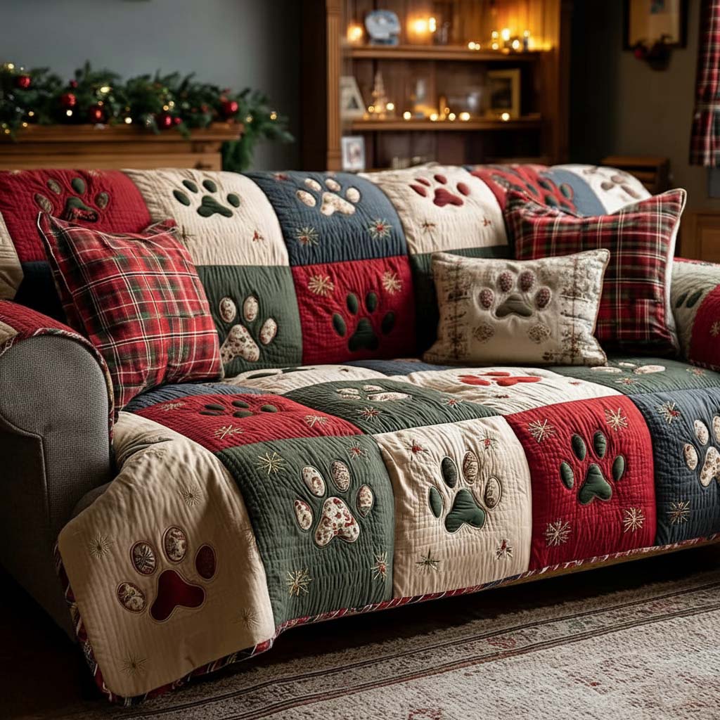 Christmas Blue Paws Quilted Sofa Cover