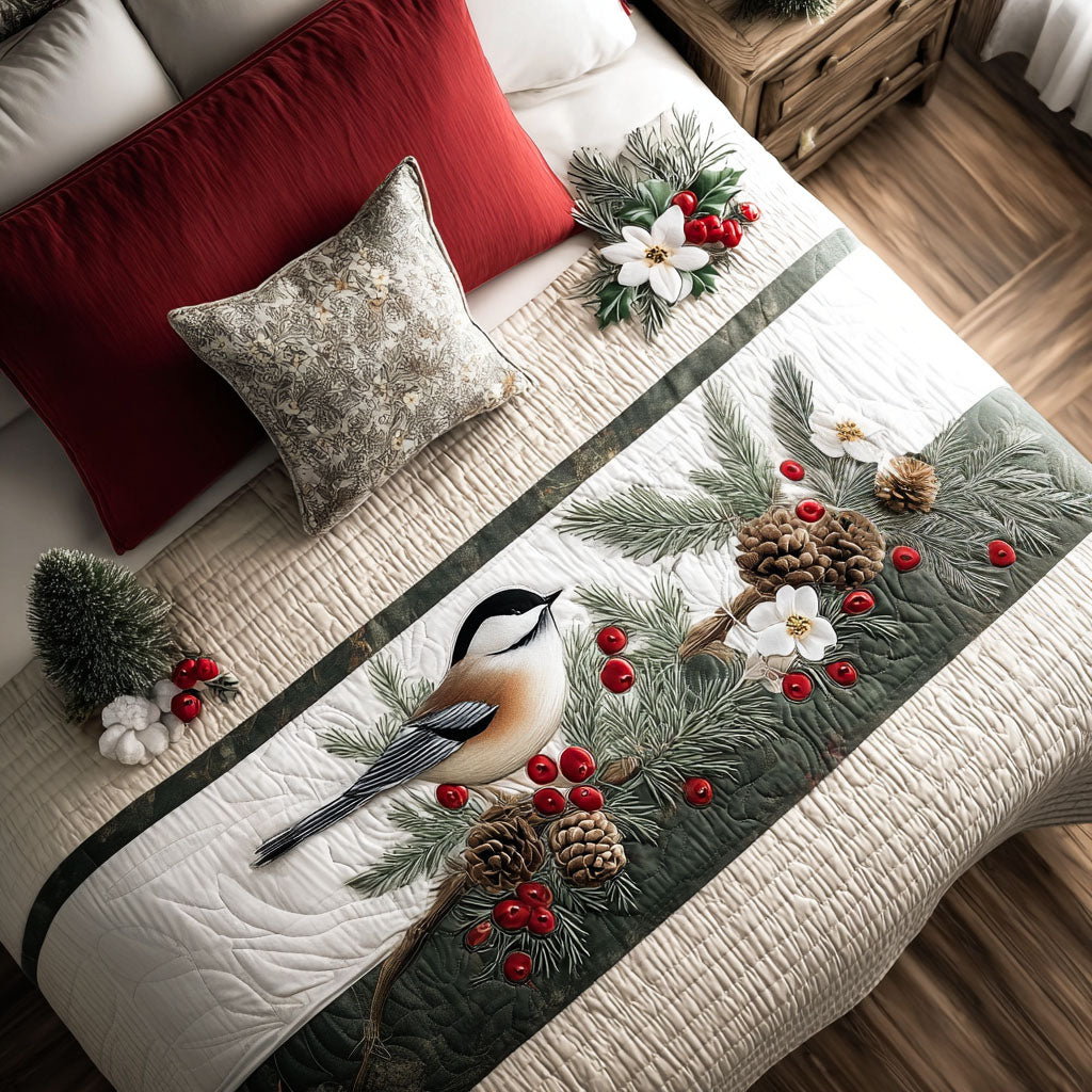 Winter Birds and Berries Quilted Bed Runner