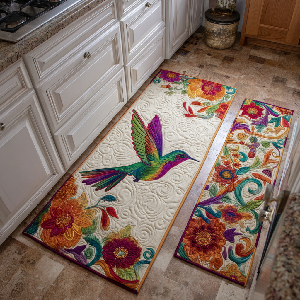 Rainbow Hummingbirds and Flowers Quilted Kitchen Mat Set