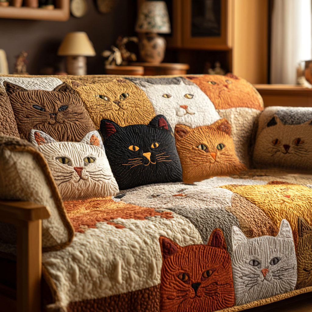 Golden Cat Patchwork Quilted Sofa Cover