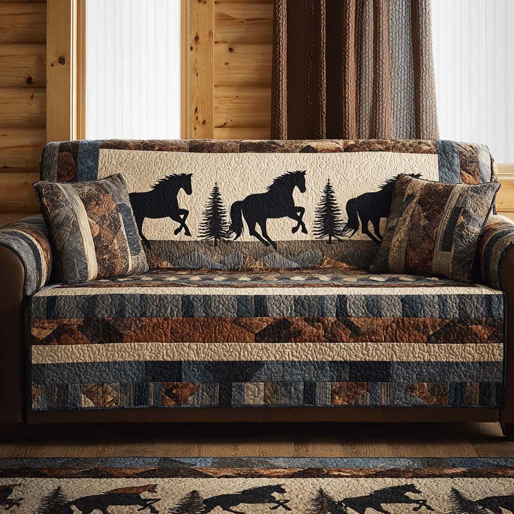 Vintage Horse Silhouettes Quilted Sofa Cover