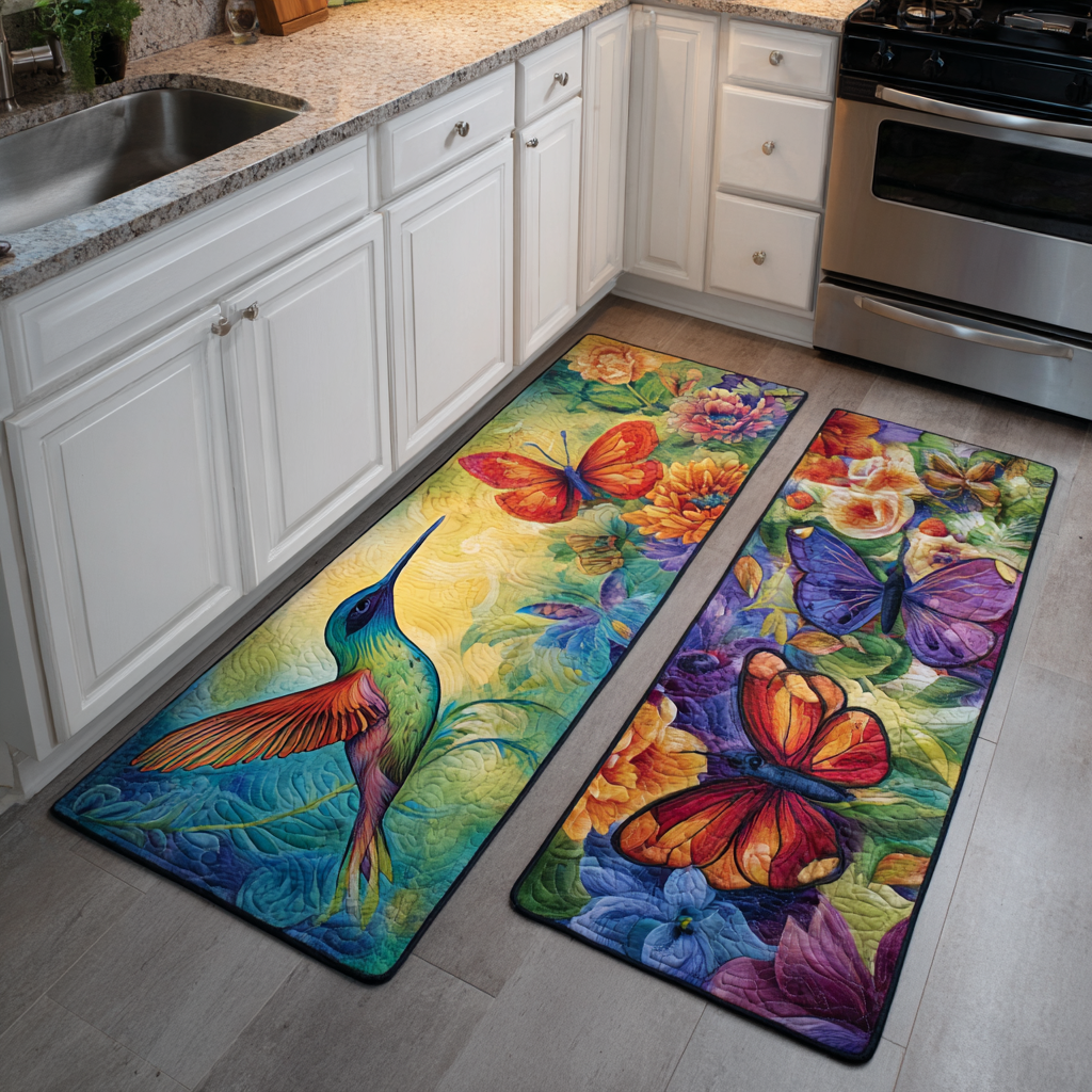 Hummingbird Garden with Butterflies Quilted Kitchen Mat Set