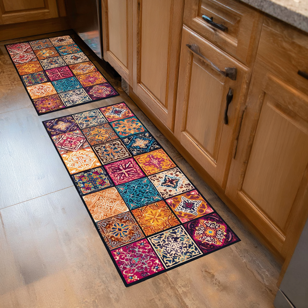 Elegant Floral Squares Quilted Kitchen Mat Set