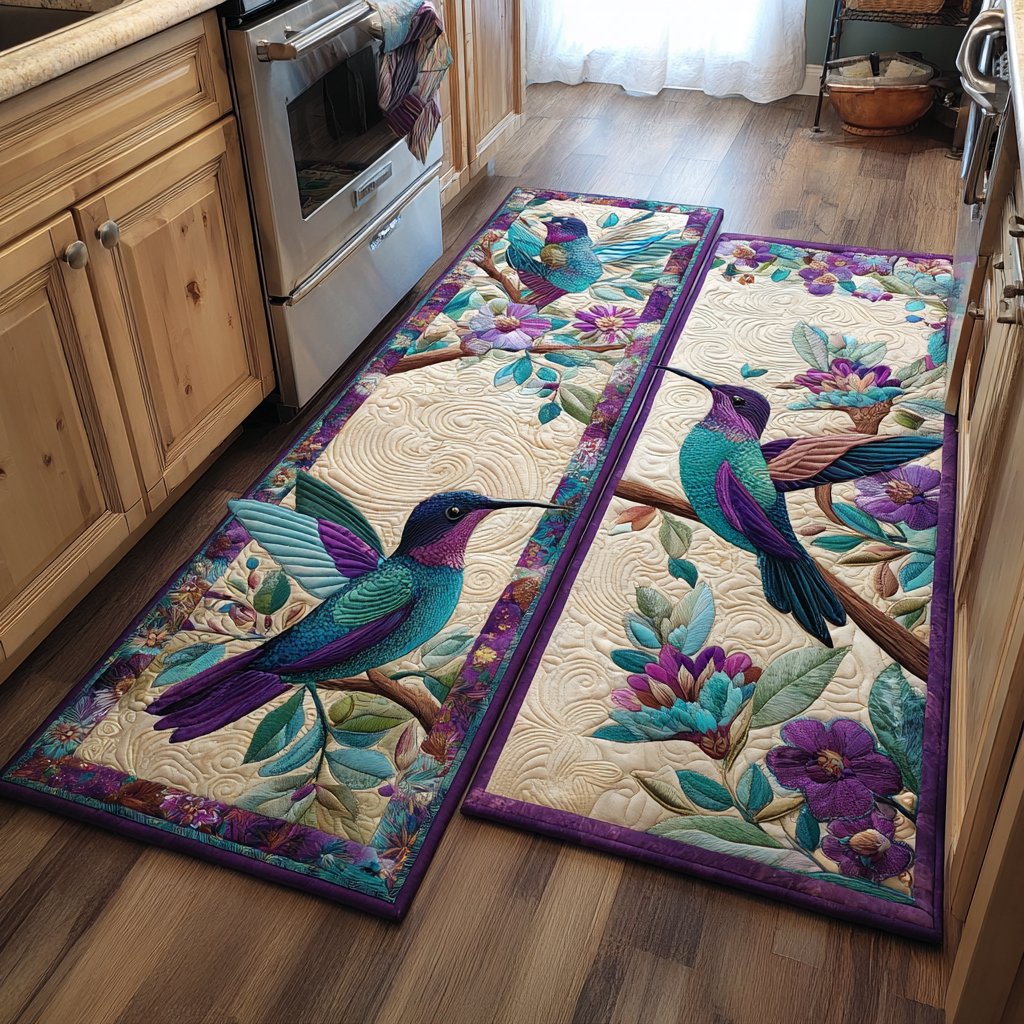 Hummingbirds on Flowering Branches Quilted Kitchen Mat Set