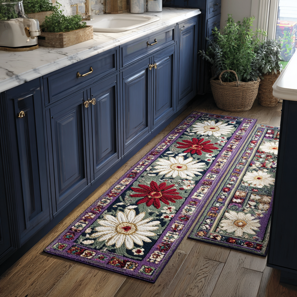 Violet Daisy Garden Quilted Kitchen Mat Set