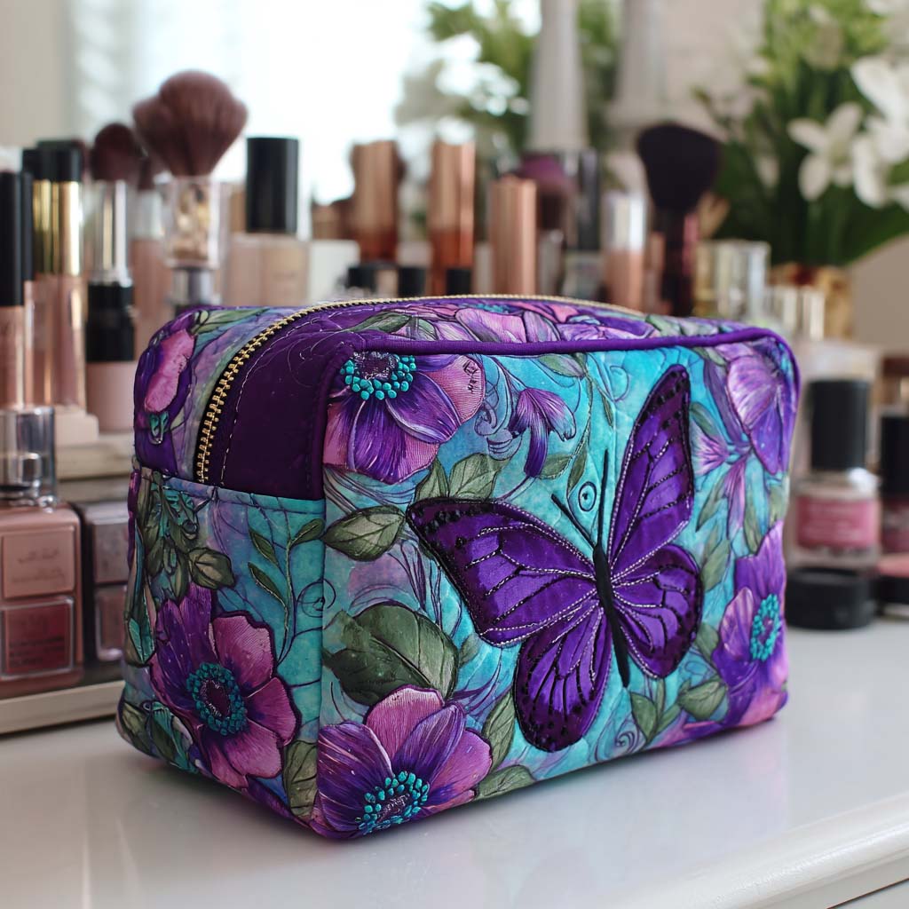 Purple Butterflies on Turquoise Quilted Toiletry Bag