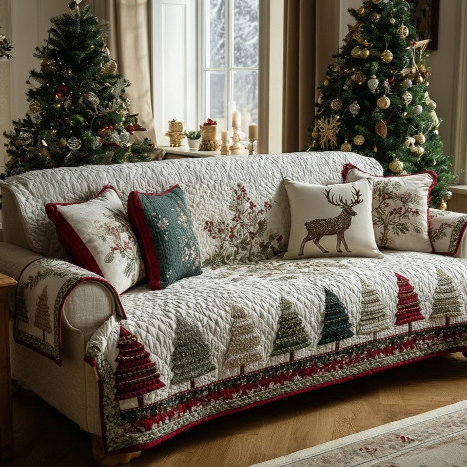 Woodland Christmas Trees Quilted Sofa Cover