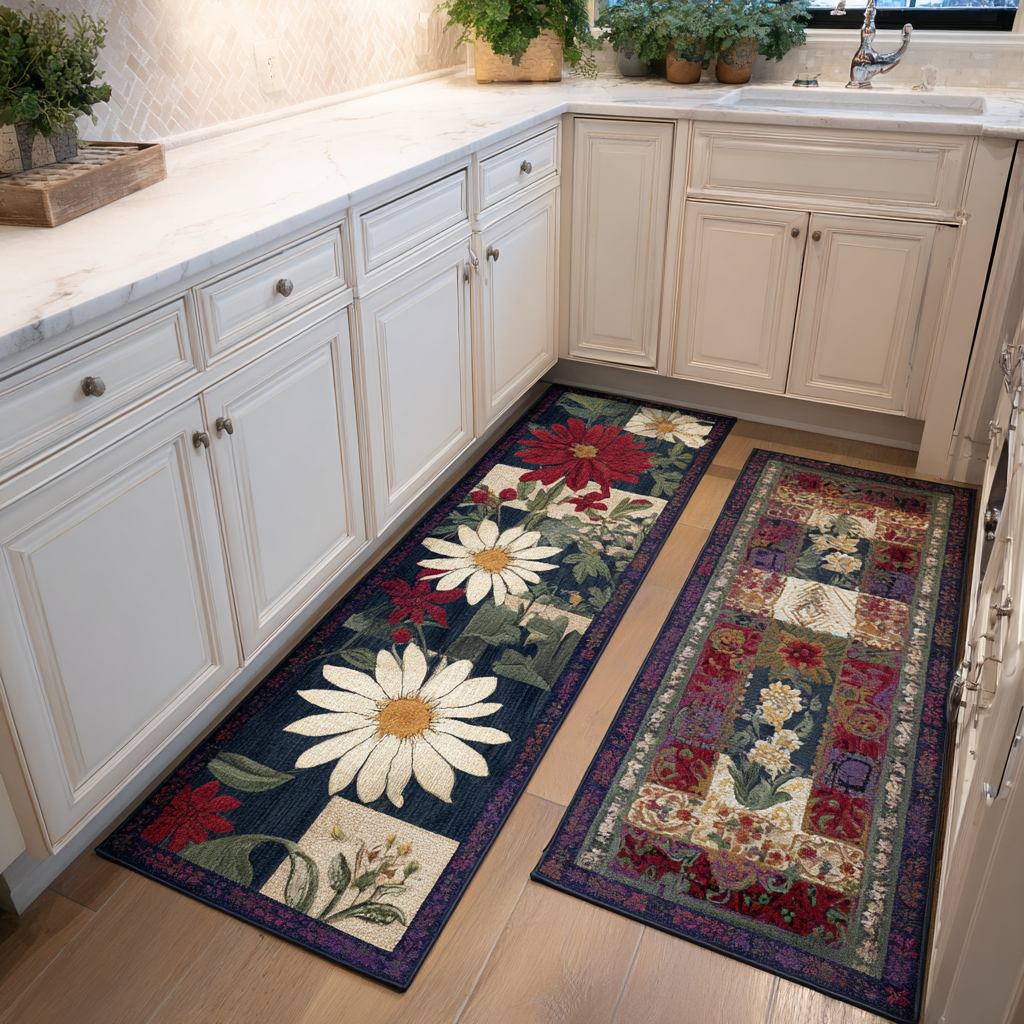 Elegant Daisy Patchwork Quilted Kitchen Mat Set