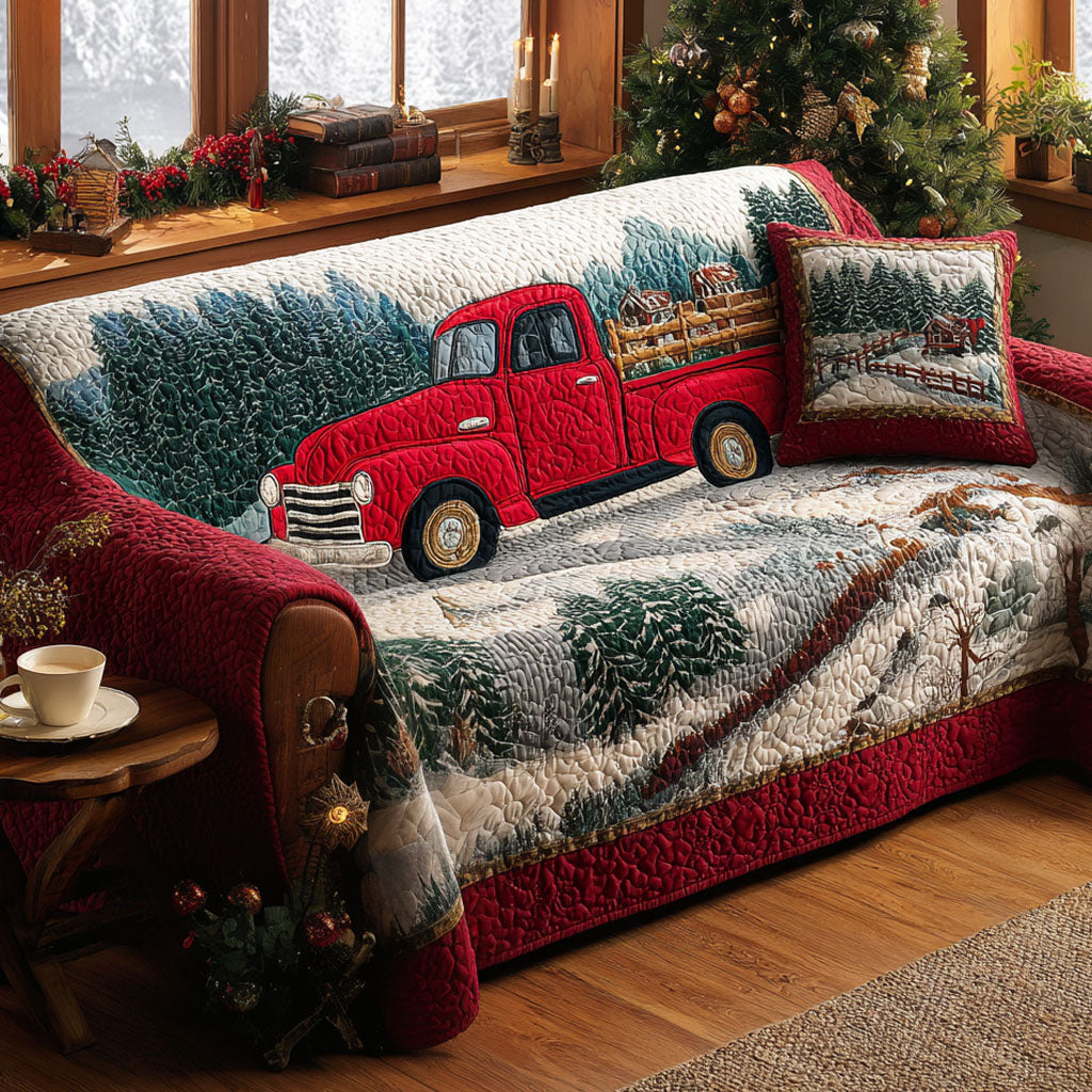 Snowy Christmas Truck Quilted Sofa Cover