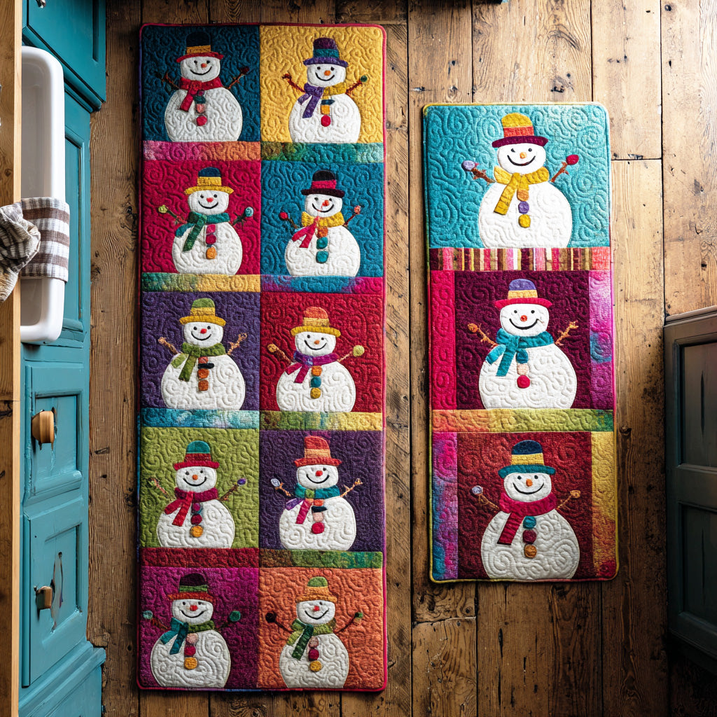 Colourful Snowman Patchwork Quilted Kitchen Mat Set