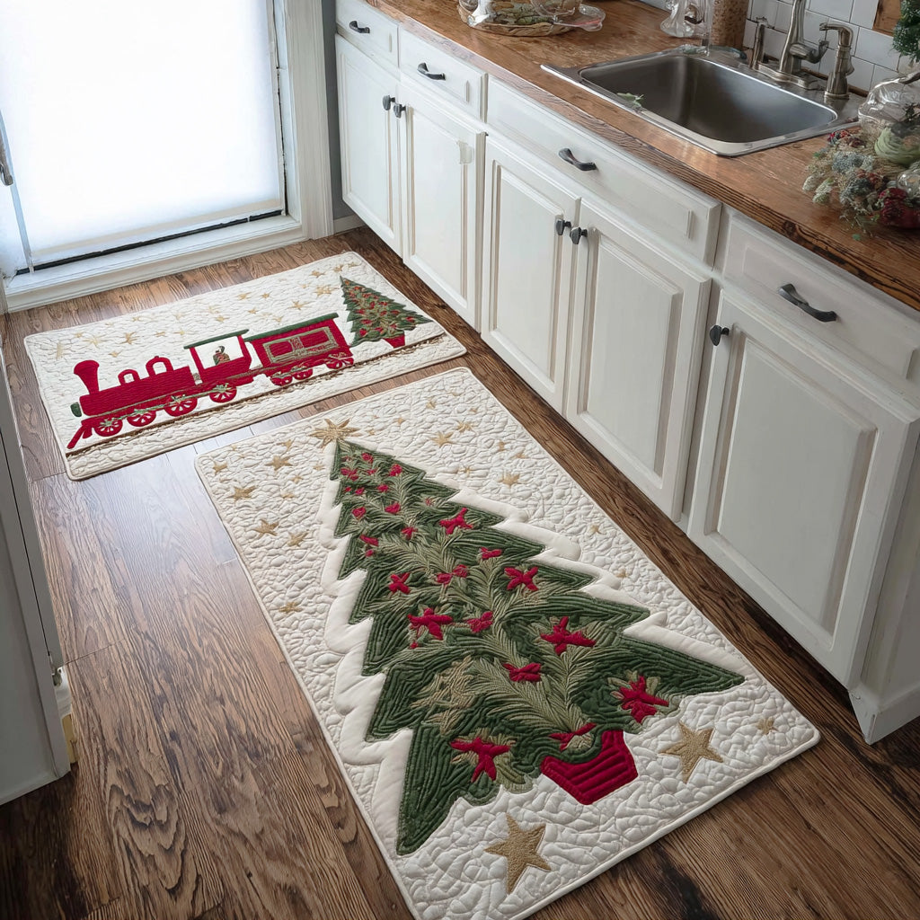 Christmas Tree & Pines Quilted Kitchen Mat Set
