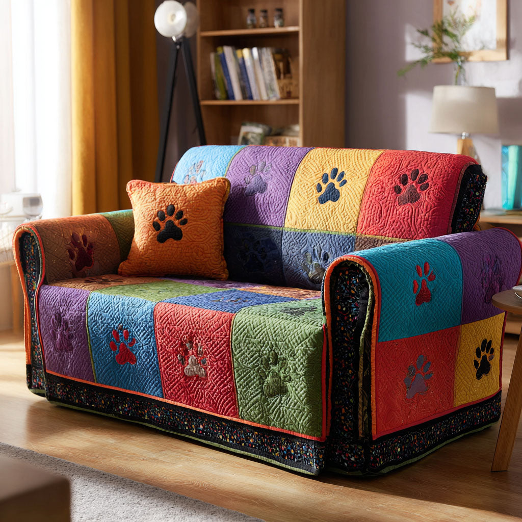 Rainbow Paw Patchwork Quilted Sofa Cover