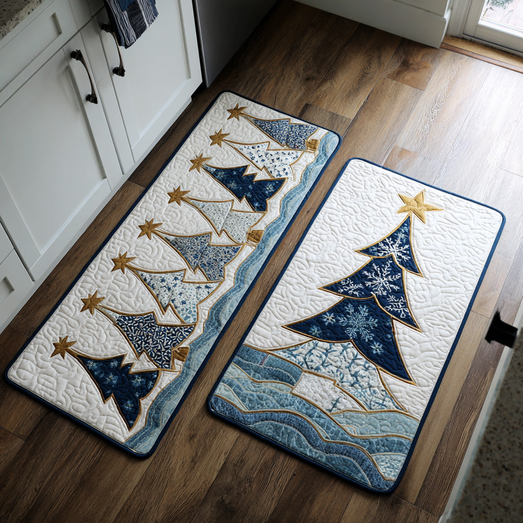 Winter Starlight Trees Quilted Kitchen Mat Set