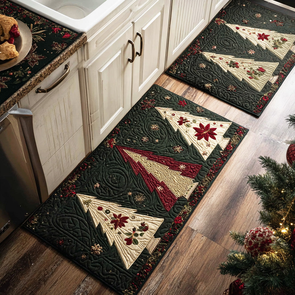 Golden Christmas Pines Quilted Kitchen Mat Set