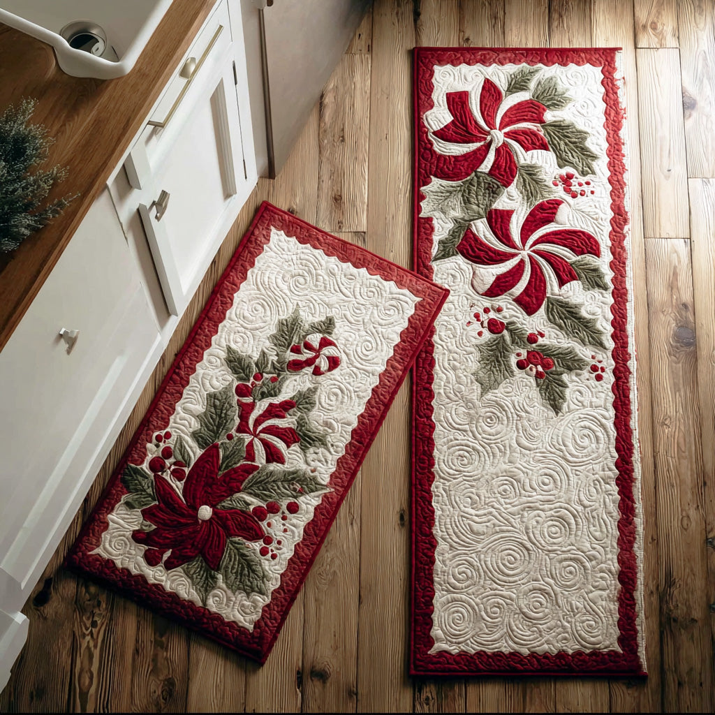 Snowy Winter Peppermint Swirls Quilted Kitchen Mat Set