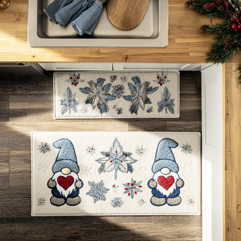 Festive Christmas Gnomes Quilted Kitchen Mat Set