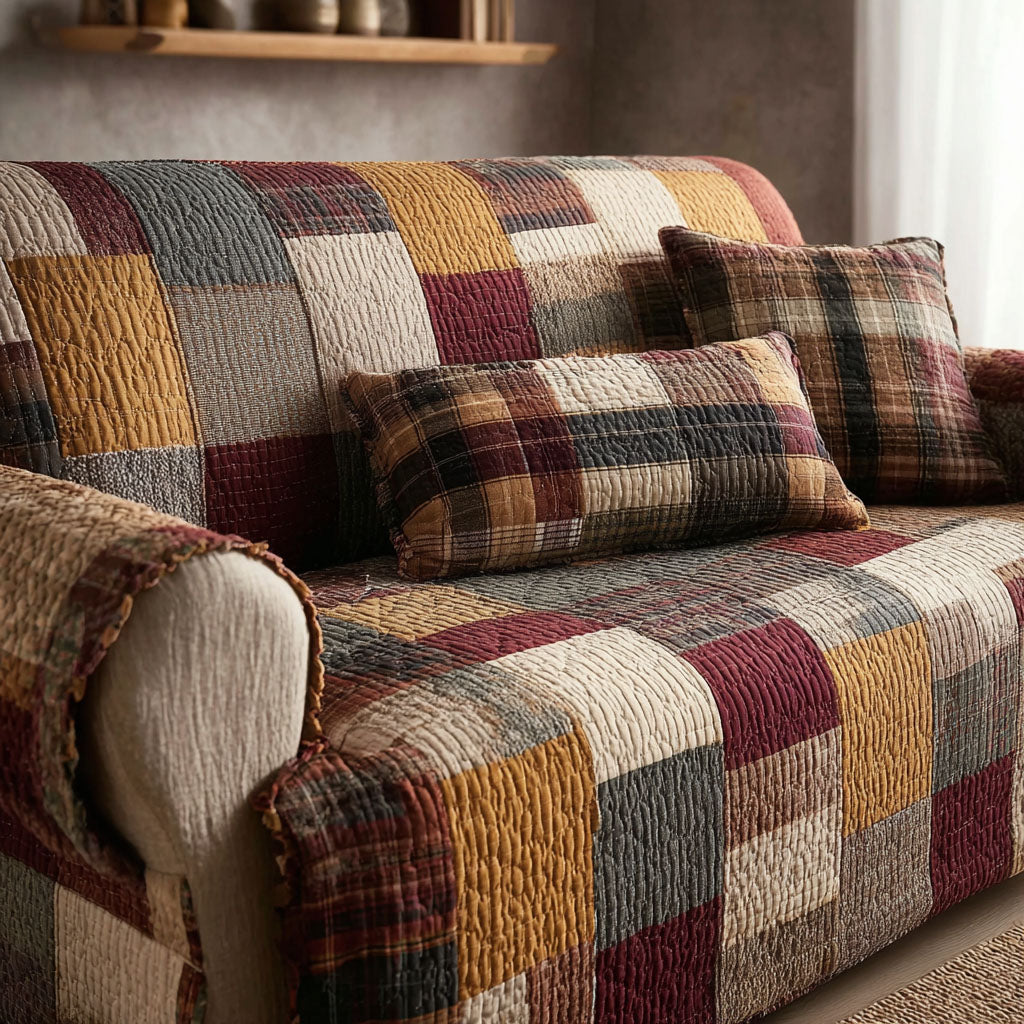 Burgundy Hearth Checks Quilted Sofa Cover