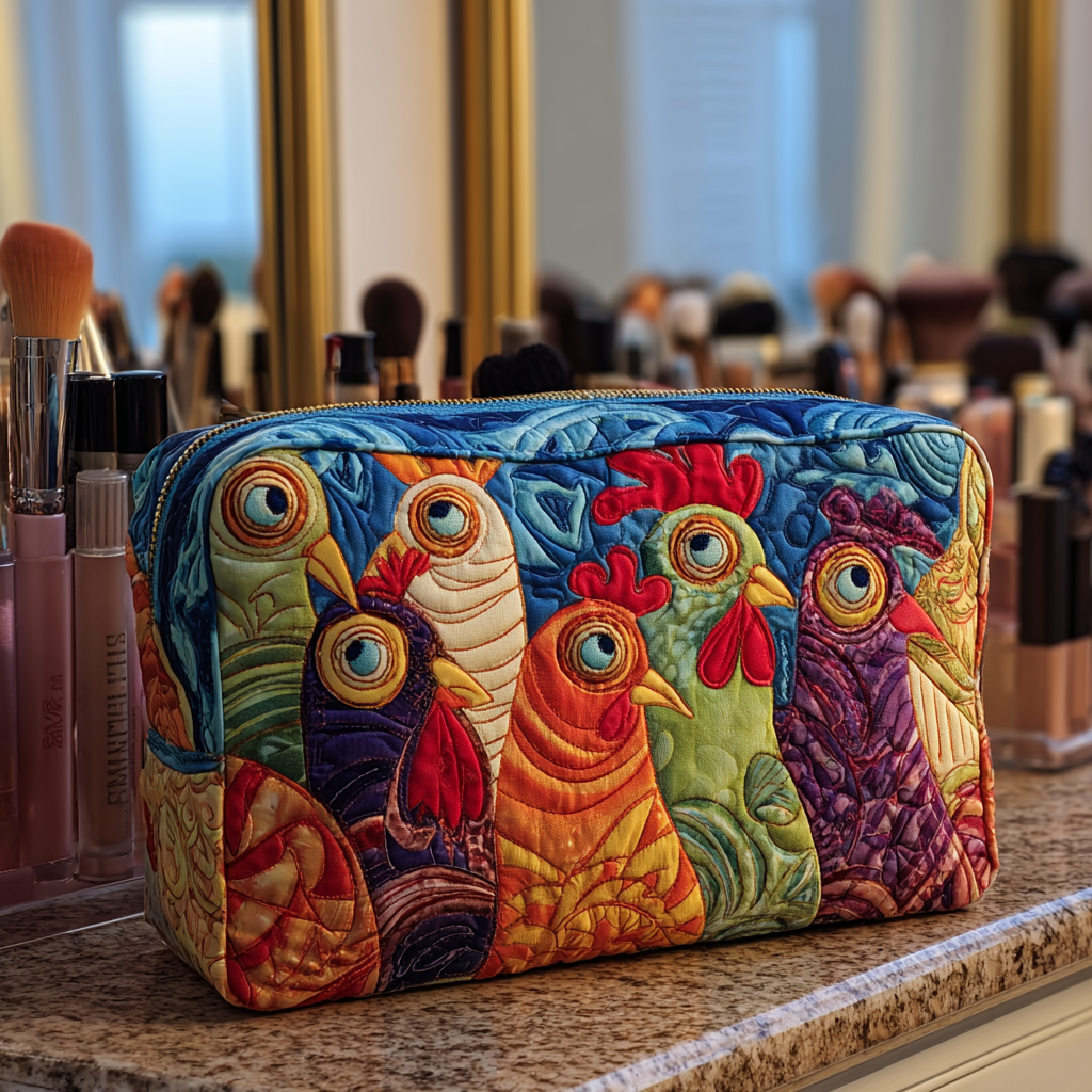 Wide-Eyed Colourful Chickens Quilted Toiletry Bag