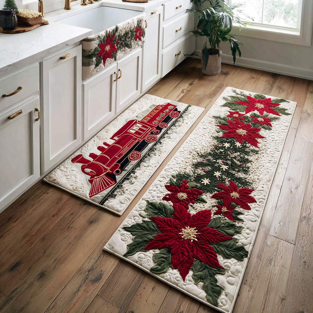 Festive Christmas Train Quilted Kitchen Mat Set