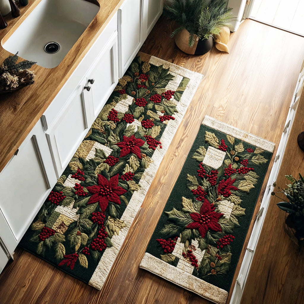 Red Winter Flower Quilted Kitchen Mat Set