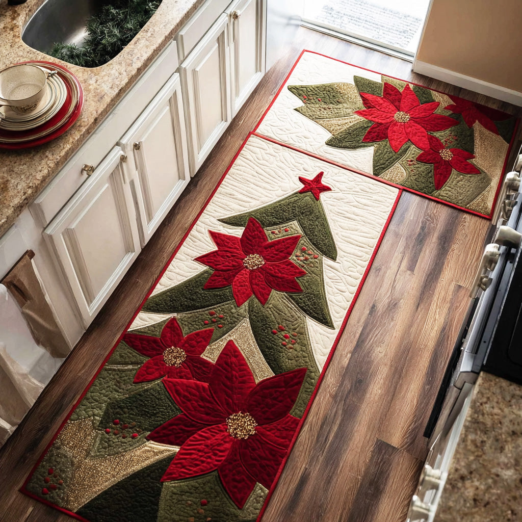 Snowy Winter Poinsettia Trees Quilted Kitchen Mat Set