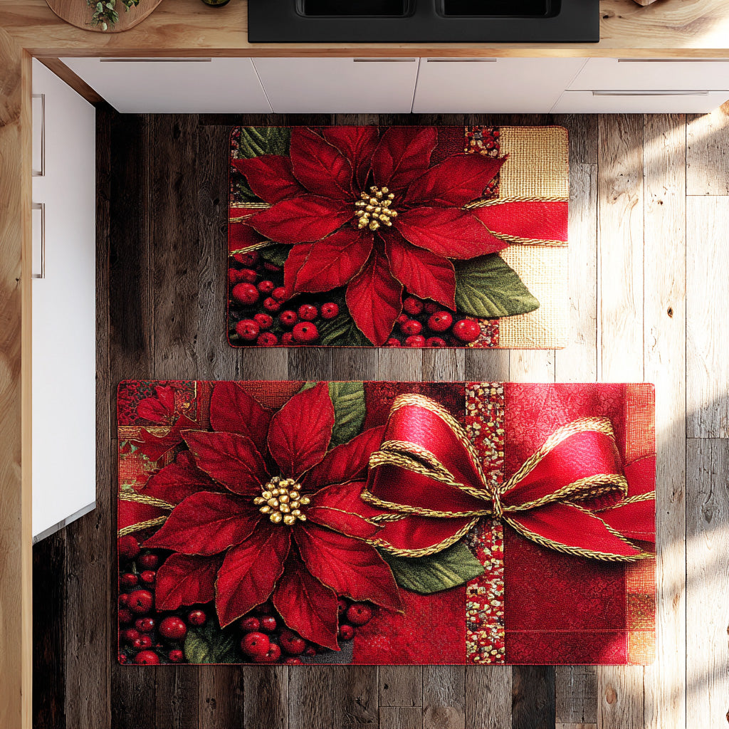Poinsettia Ribbons Quilted Kitchen Mat Set