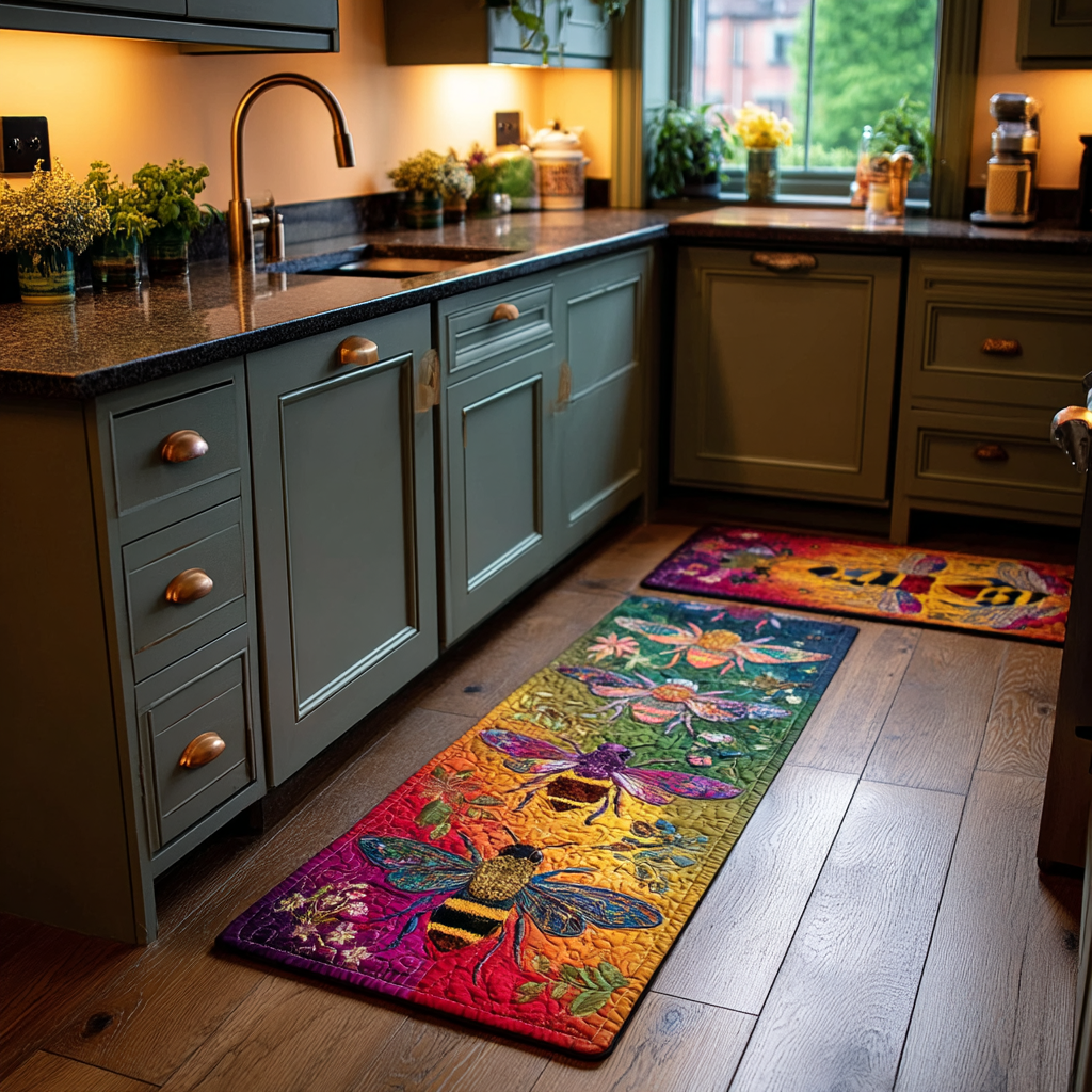 Bees and Flowers Quilted Kitchen Mat Set