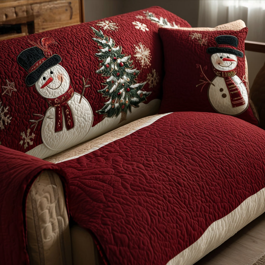 Christmas Snowman on Red Quilted Sofa Cover