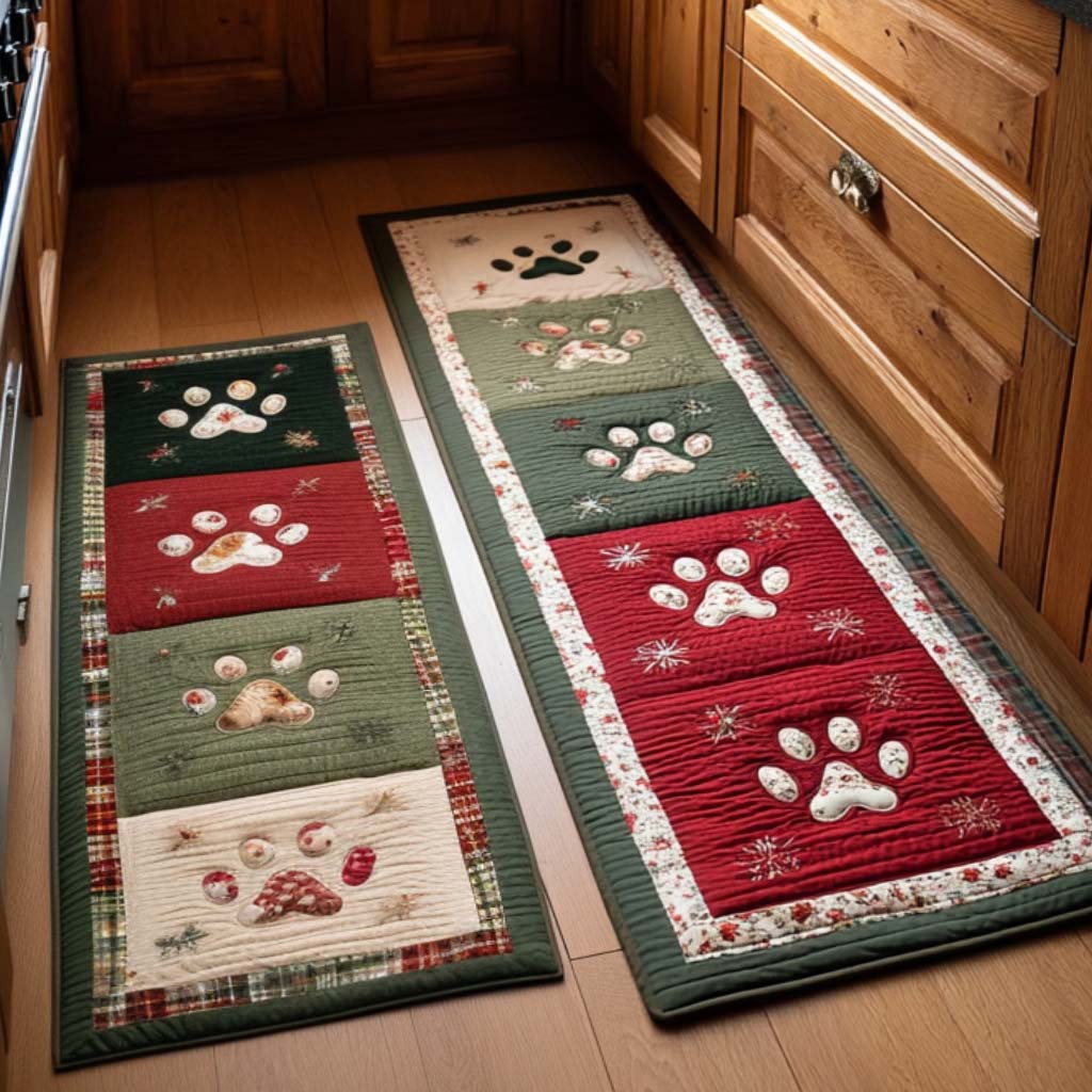 Evergreen Paw Patchwork Quilted Kitchen Mat Set