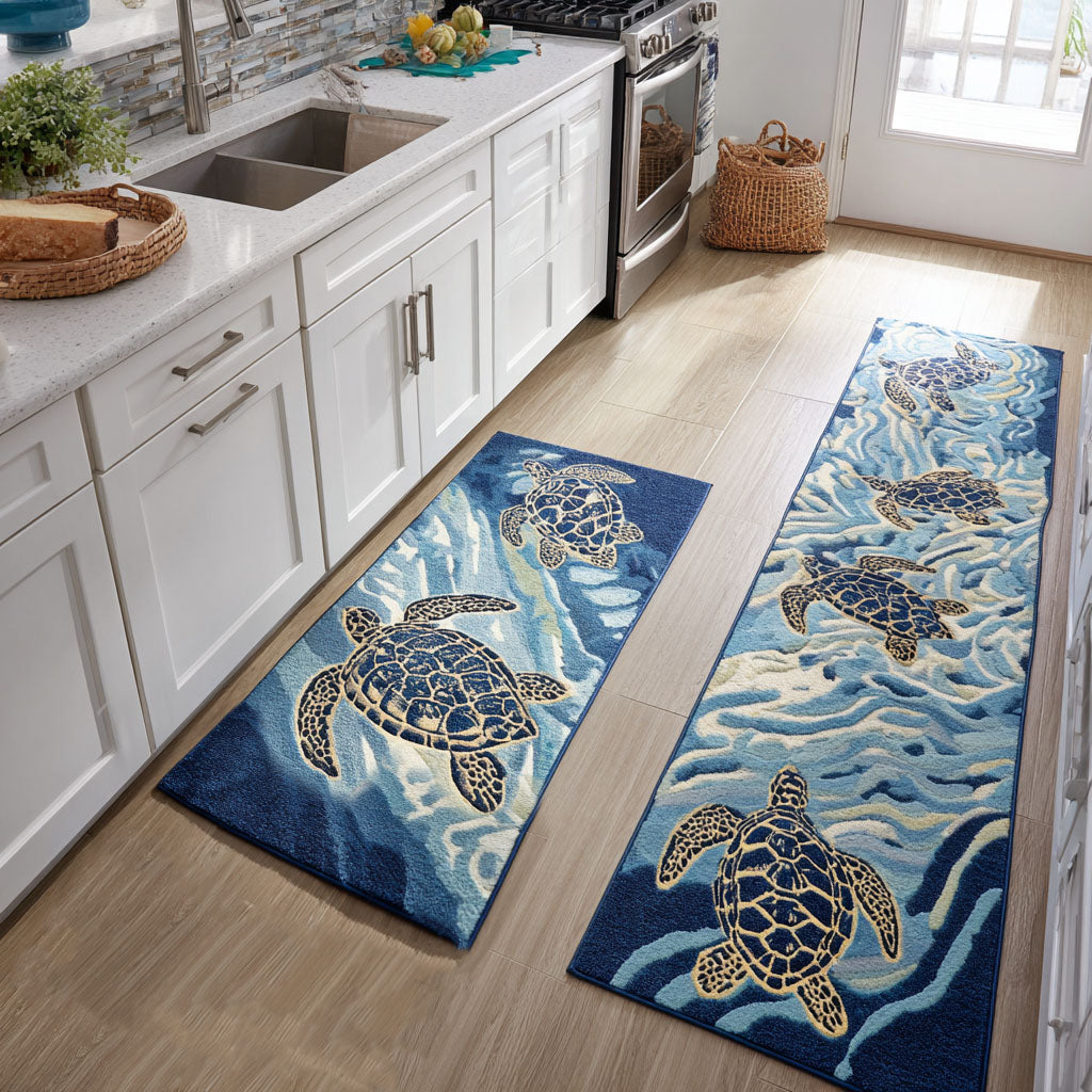 Whitewater Turtles Quilted Kitchen Mat Set