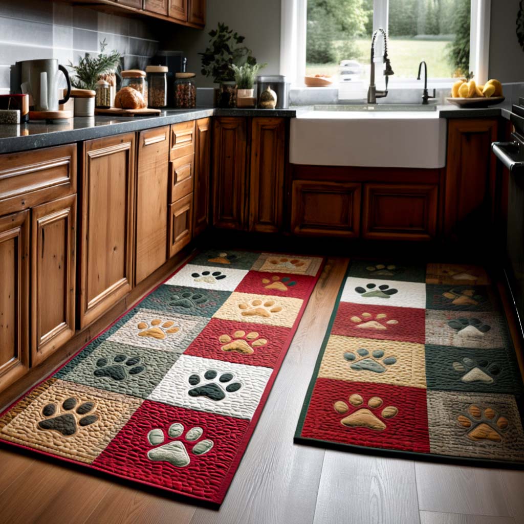 Golden Paw Patchwork Quilted Kitchen Mat Set