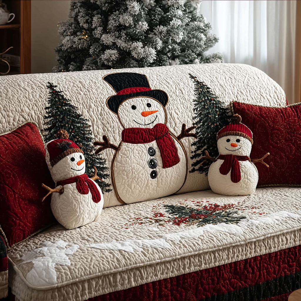 Smiling Snowmen on Cream Quilted Sofa Cover