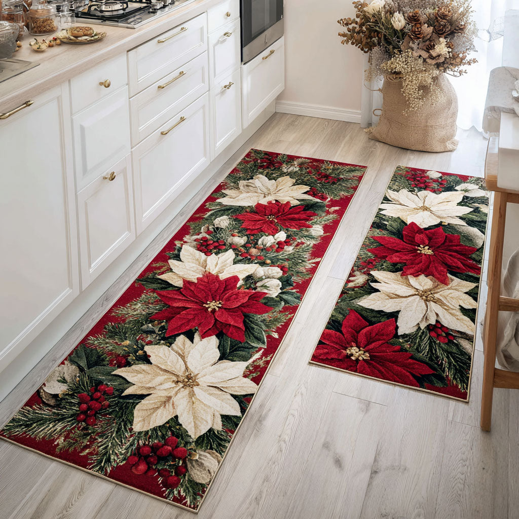 Festive Christmas Poinsettias Quilted Kitchen Mat Set