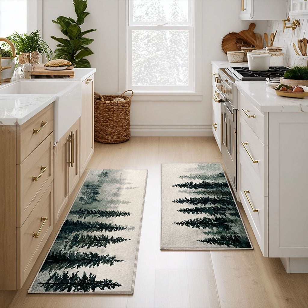 Evergreen Woodland on Cream Quilted Kitchen Mat Set