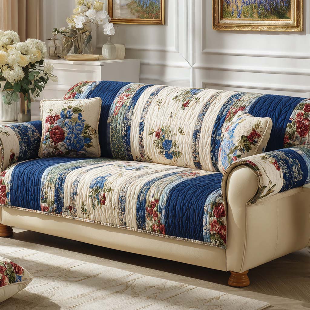Blue Stripe Flower Garden Quilted Sofa Cover
