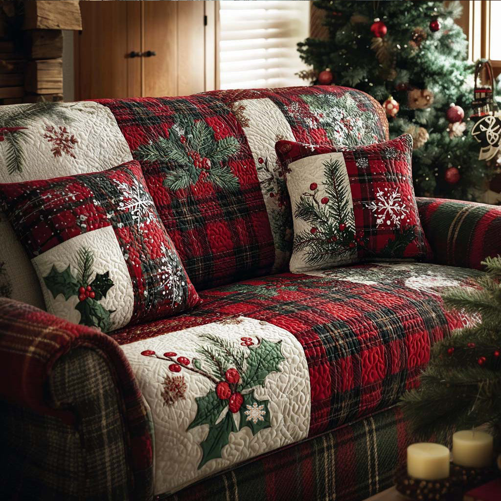 Holly and Snowflakes Quilted Sofa Cover