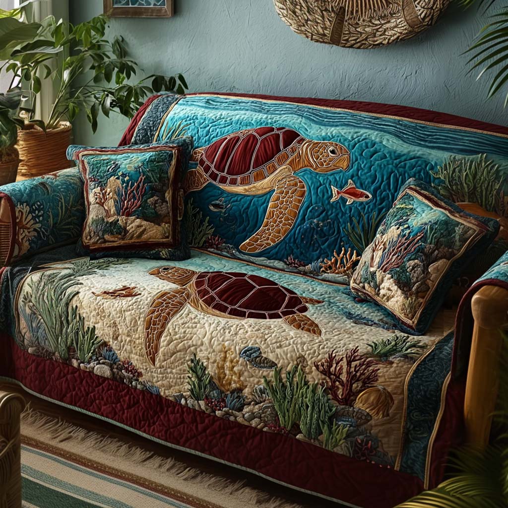 Sea Turtles and Coral Quilted Sofa Cover