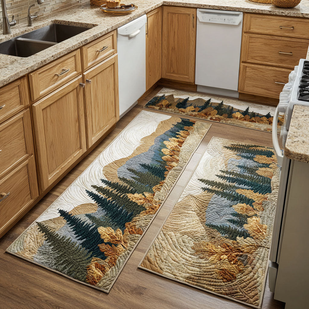 Golden Woodland River Quilted Kitchen Mat Set