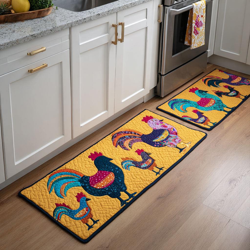 Golden Rooster Parade Quilted Kitchen Mat Set